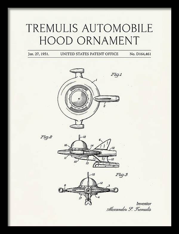 Tremulis Automobile Hood Ornament Minimalist Patent Usd164461s