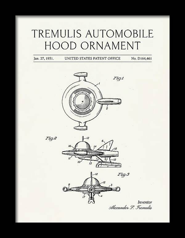 Tremulis Automobile Hood Ornament Minimalist Patent Usd164461s