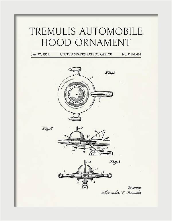 Tremulis Automobile Hood Ornament Minimalist Patent Usd164461s