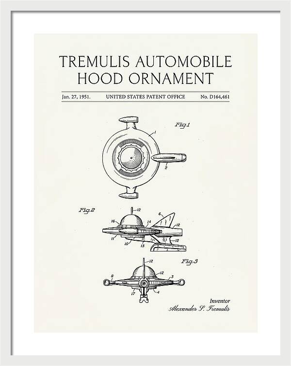 Tremulis Automobile Hood Ornament Minimalist Patent Usd164461s