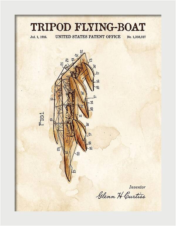 Tripod Flying Boat Watercolor Patent Us1358527