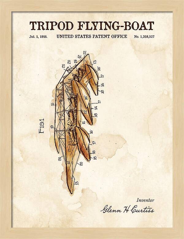 Tripod Flying Boat Watercolor Patent Us1358527