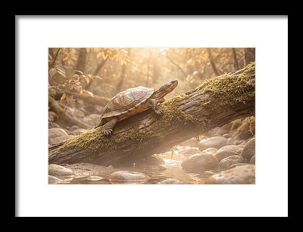 Turtle Climbing Mossy Log