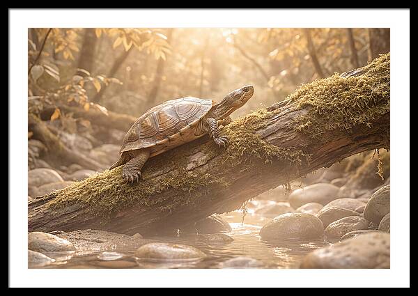 Turtle Climbing Mossy Log