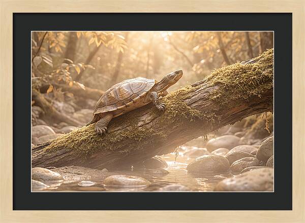 Turtle Climbing Mossy Log