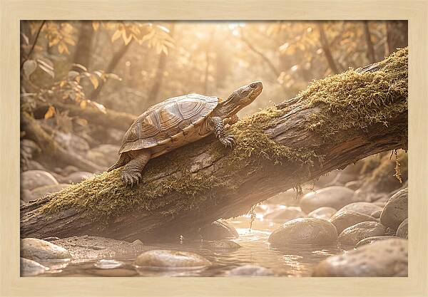 Turtle Climbing Mossy Log