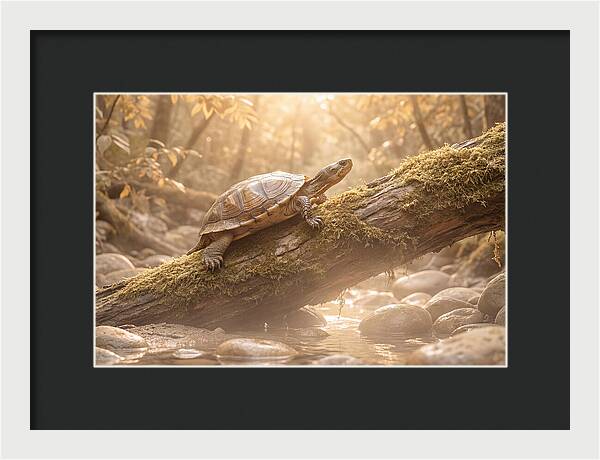 Turtle Climbing Mossy Log