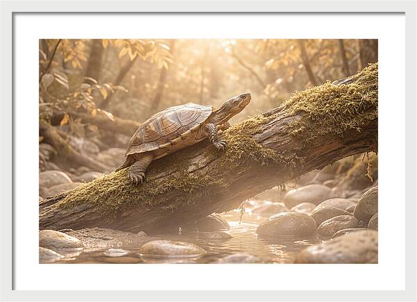 Turtle Climbing Mossy Log