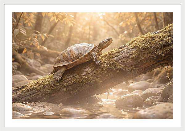 Turtle Climbing Mossy Log