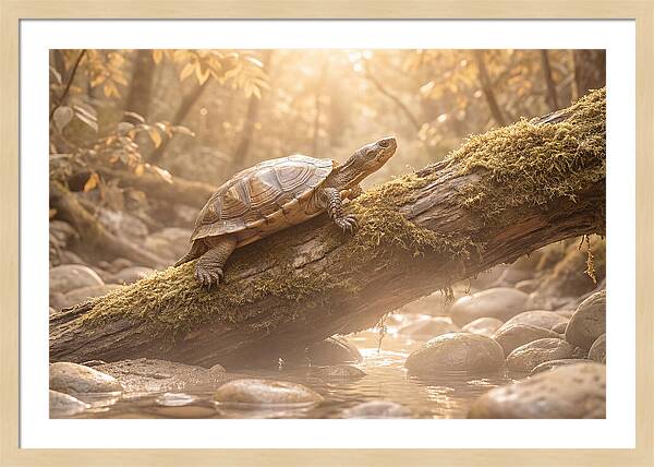 Turtle Climbing Mossy Log