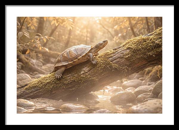 Turtle Climbing Mossy Log
