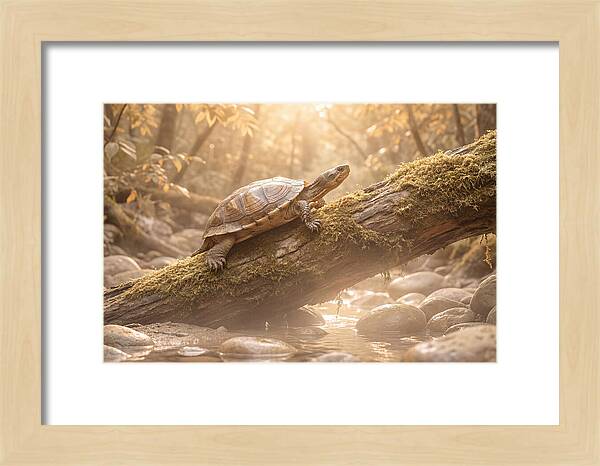 Turtle Climbing Mossy Log