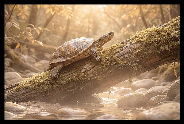 Turtle Climbing Mossy Log