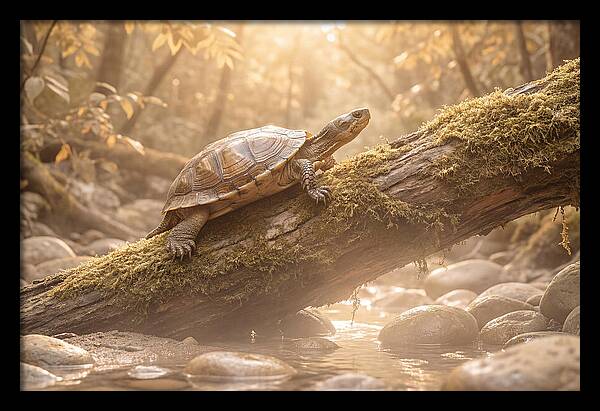 Turtle Climbing Mossy Log