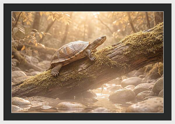 Turtle Climbing Mossy Log