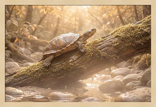 Turtle Climbing Mossy Log