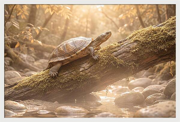 Turtle Climbing Mossy Log