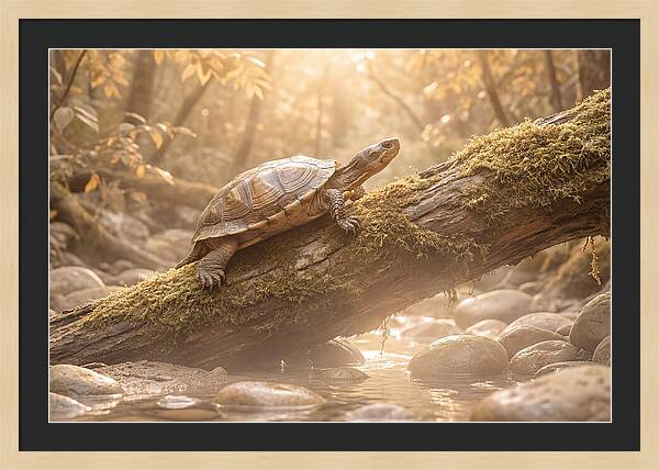 Turtle Climbing Mossy Log