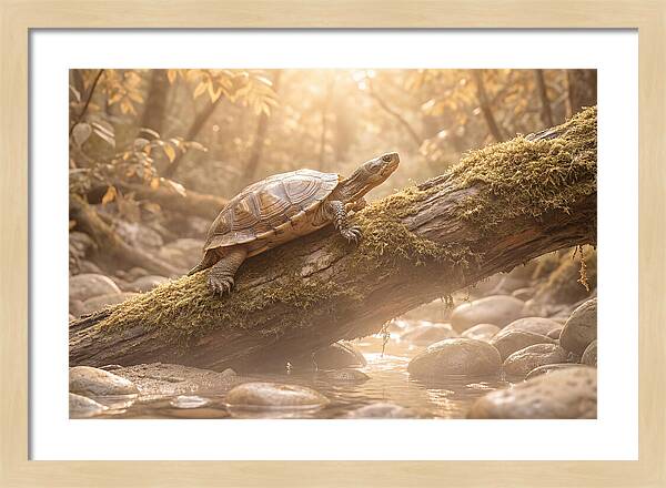 Turtle Climbing Mossy Log