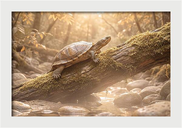 Turtle Climbing Mossy Log