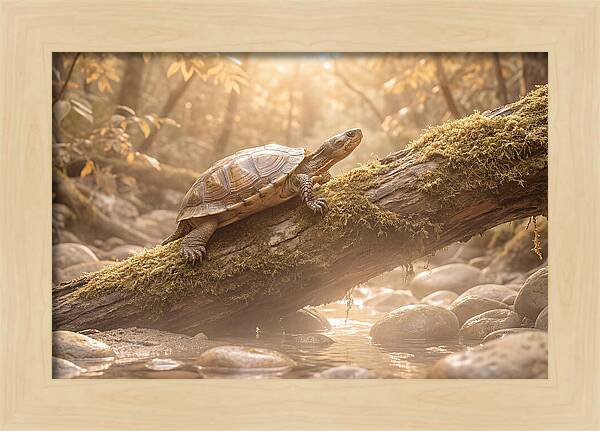 Turtle Climbing Mossy Log