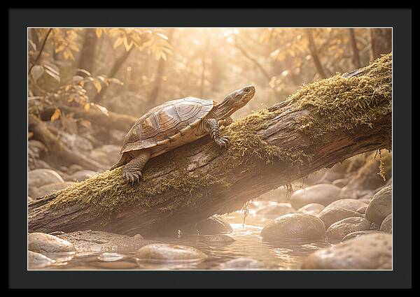 Turtle Climbing Mossy Log