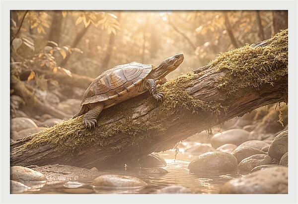Turtle Climbing Mossy Log
