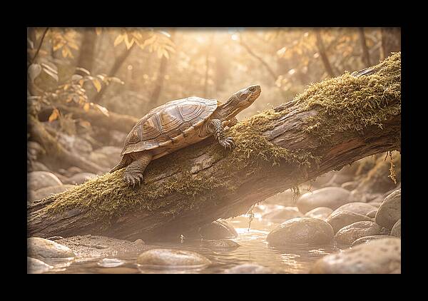 Turtle Climbing Mossy Log