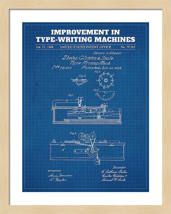 Typewriter Sholes And Glidden Blueprint Patent Us79265a