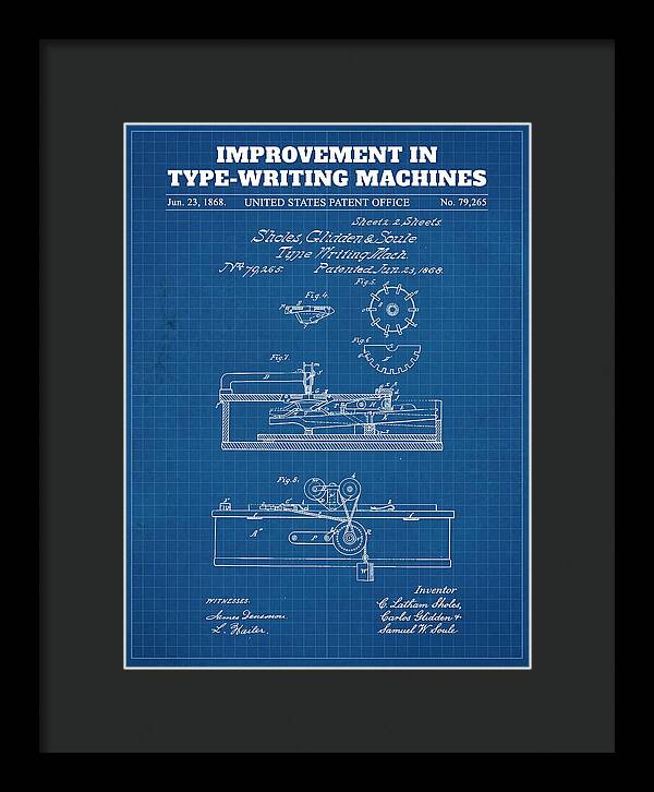 Typewriter Sholes And Glidden Blueprint Patent Us79265a