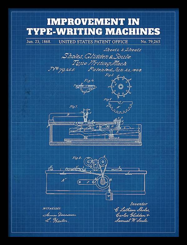 Typewriter Sholes And Glidden Blueprint Patent Us79265a
