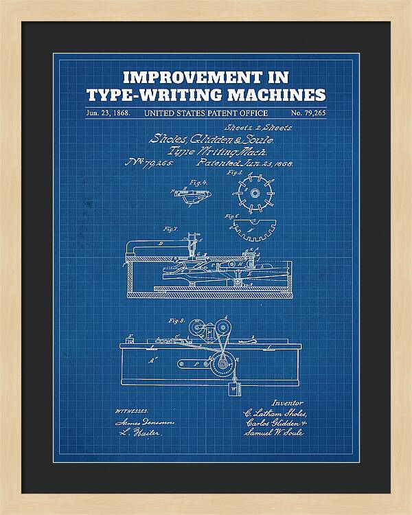 Typewriter Sholes And Glidden Blueprint Patent Us79265a