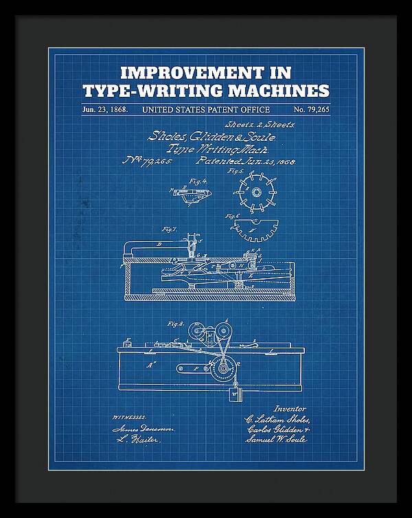 Typewriter Sholes And Glidden Blueprint Patent Us79265a