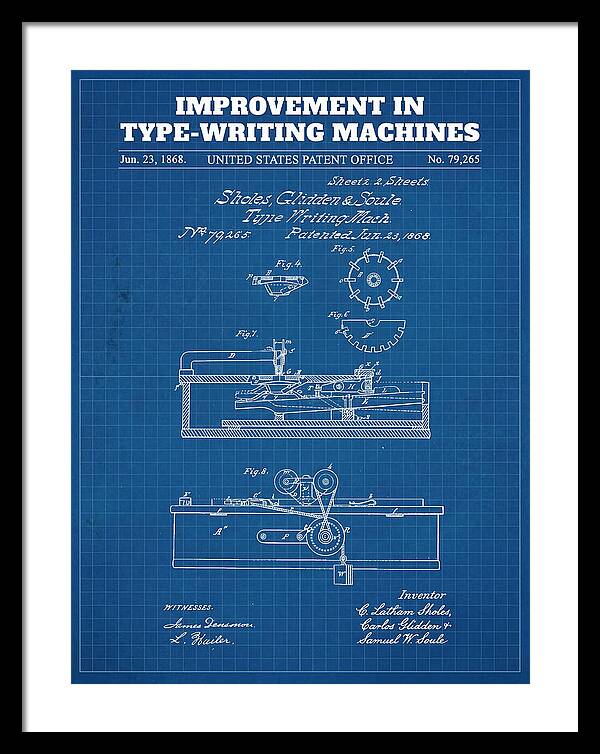Typewriter Sholes And Glidden Blueprint Patent Us79265a