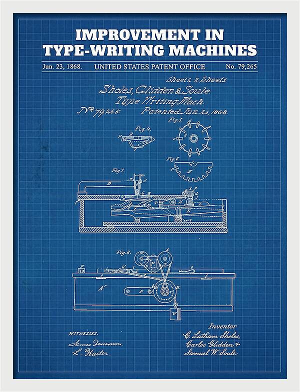 Typewriter Sholes And Glidden Blueprint Patent Us79265a