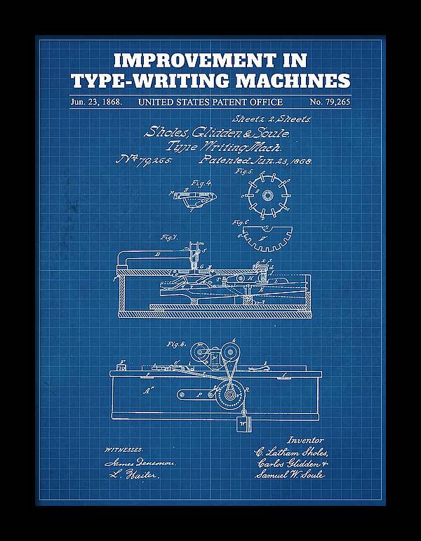Typewriter Sholes And Glidden Blueprint Patent Us79265a