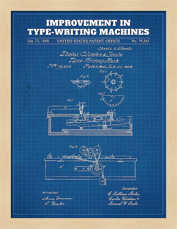 Typewriter Sholes And Glidden Blueprint Patent Us79265a