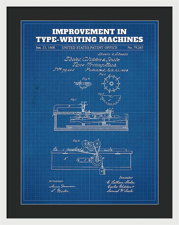 Typewriter Sholes And Glidden Blueprint Patent Us79265a