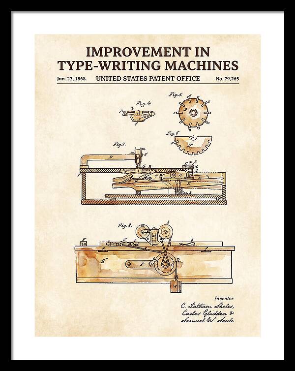 Typewriter Sholes And Glidden Watercolor Patent Us79265a
