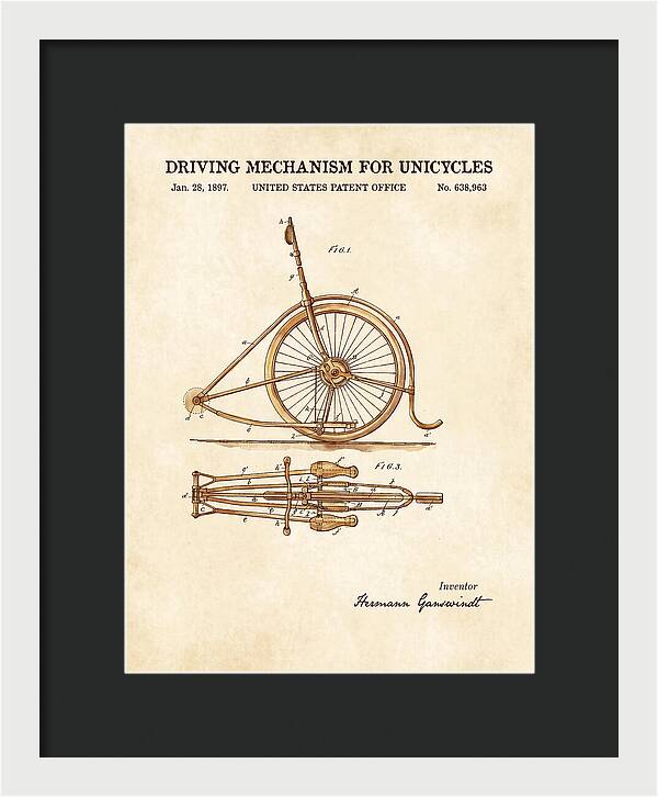 Unicycle Driving Mechanism Watercolor Patent Us638963a