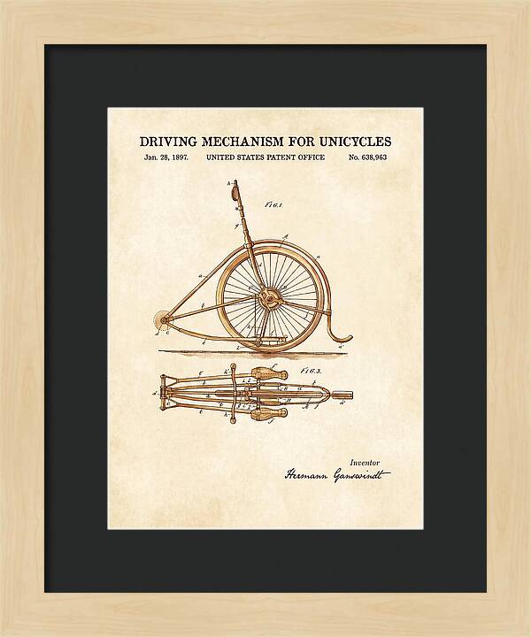 Unicycle Driving Mechanism Watercolor Patent Us638963a