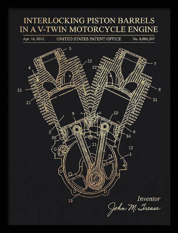 V Twin Motorcycle Engine Harley Davidson Gold Patent Us8800507b2
