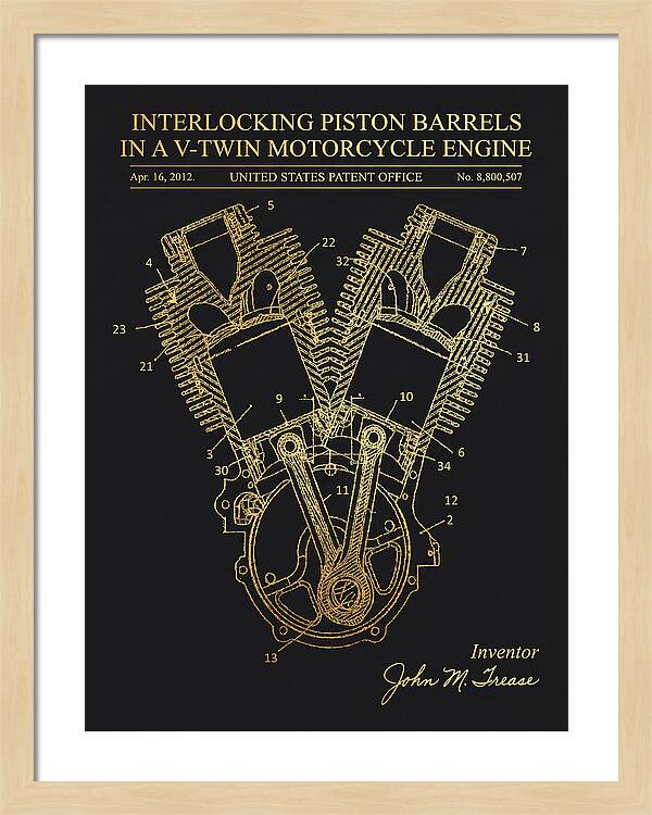 V Twin Motorcycle Engine Harley Davidson Gold Patent Us8800507b2