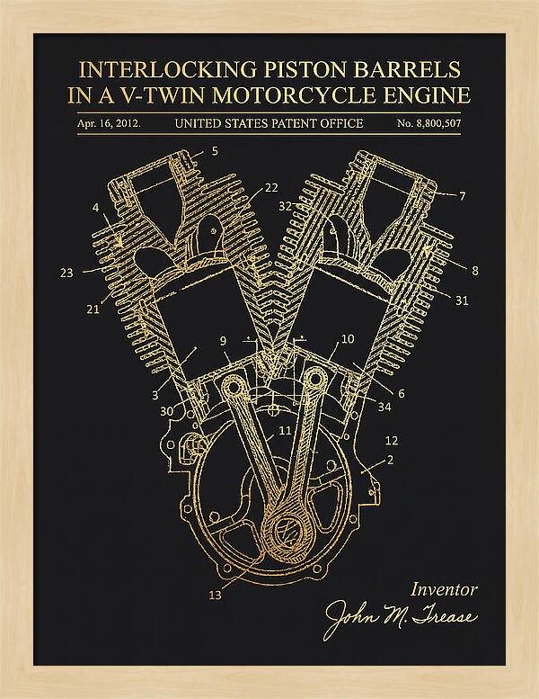 V Twin Motorcycle Engine Harley Davidson Gold Patent Us8800507b2