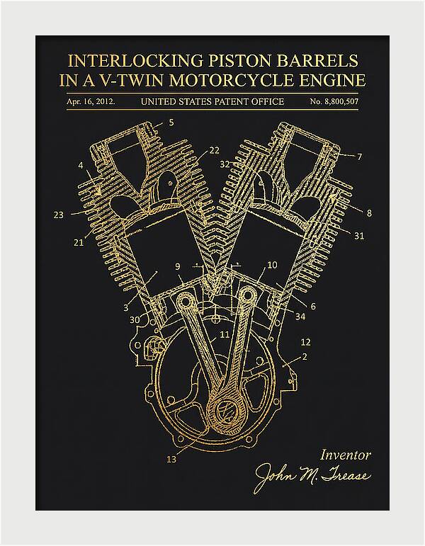 V Twin Motorcycle Engine Harley Davidson Gold Patent Us8800507b2