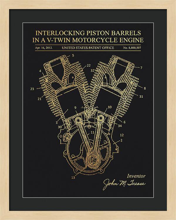 V Twin Motorcycle Engine Harley Davidson Gold Patent Us8800507b2