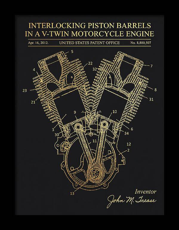 V Twin Motorcycle Engine Harley Davidson Gold Patent Us8800507b2