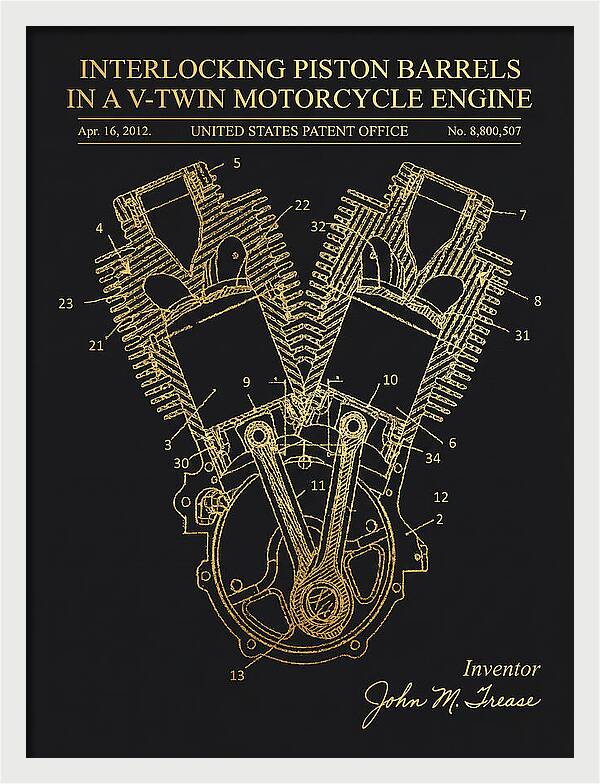 V Twin Motorcycle Engine Harley Davidson Gold Patent Us8800507b2