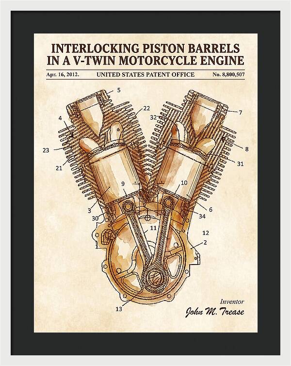 V Twin Motorcycle Engine Harley Davidson Watercolor Patent Us8800507b2
