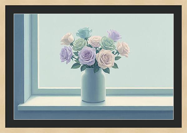 Vase Of Mixed Roses On Sunlit Windowsill